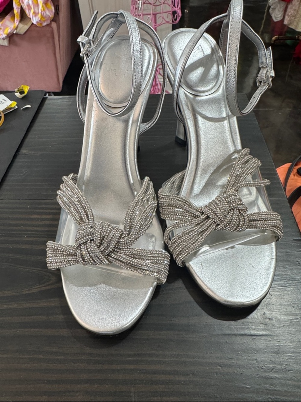 Marc Fisher Silver Beaded Knot Ankle-Strap Heels